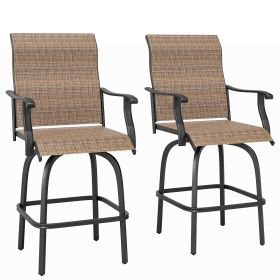 Set of 2 Outdoor Swivel Bar Stools with Armrests, Bar Height Patio Chairs with Steel Frame for Balcony, Poolside, Backyard, Brown
