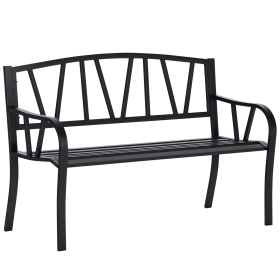 50" Outdoor Bench, Metal Garden Bench with V-Shaped Pattern Backrest, Porch Bench with Slatted Seat for Park, Yard, Lawn, Black