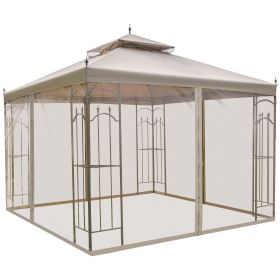 10' x 10' Patio Gazebo with Corner Frame Shelves, Double Roof Outdoor Gazebo Canopy Shelter with Netting for Patio, Wedding, Catering & Events, Brown