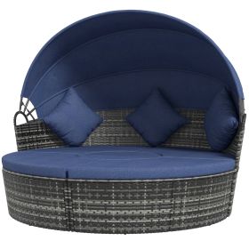 4-piece Cushioned Outdoor Rattan Wicker Sunbed or Conversational Sofa Set with Sun Canopy, Dark Blue