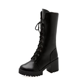 Thick Bottom Increased By Lace-up Booties All-match Middle Tube Motorcycle Boots (Option: Black-35)