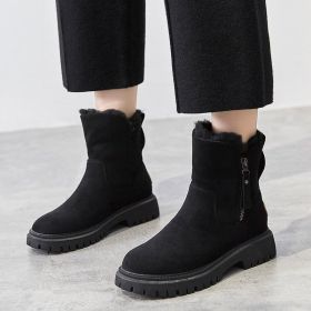 Middle Tube Plush Warm Cotton Shoes Leather And Fur Integrated Winter Women's Boots (Option: Black-43)