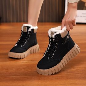 Ins Lace-up Snow Boots Winter Warm Fleece Flat Shoes For Women Fashion Casual Plush Ankle Boot (Option: Black-Size39)